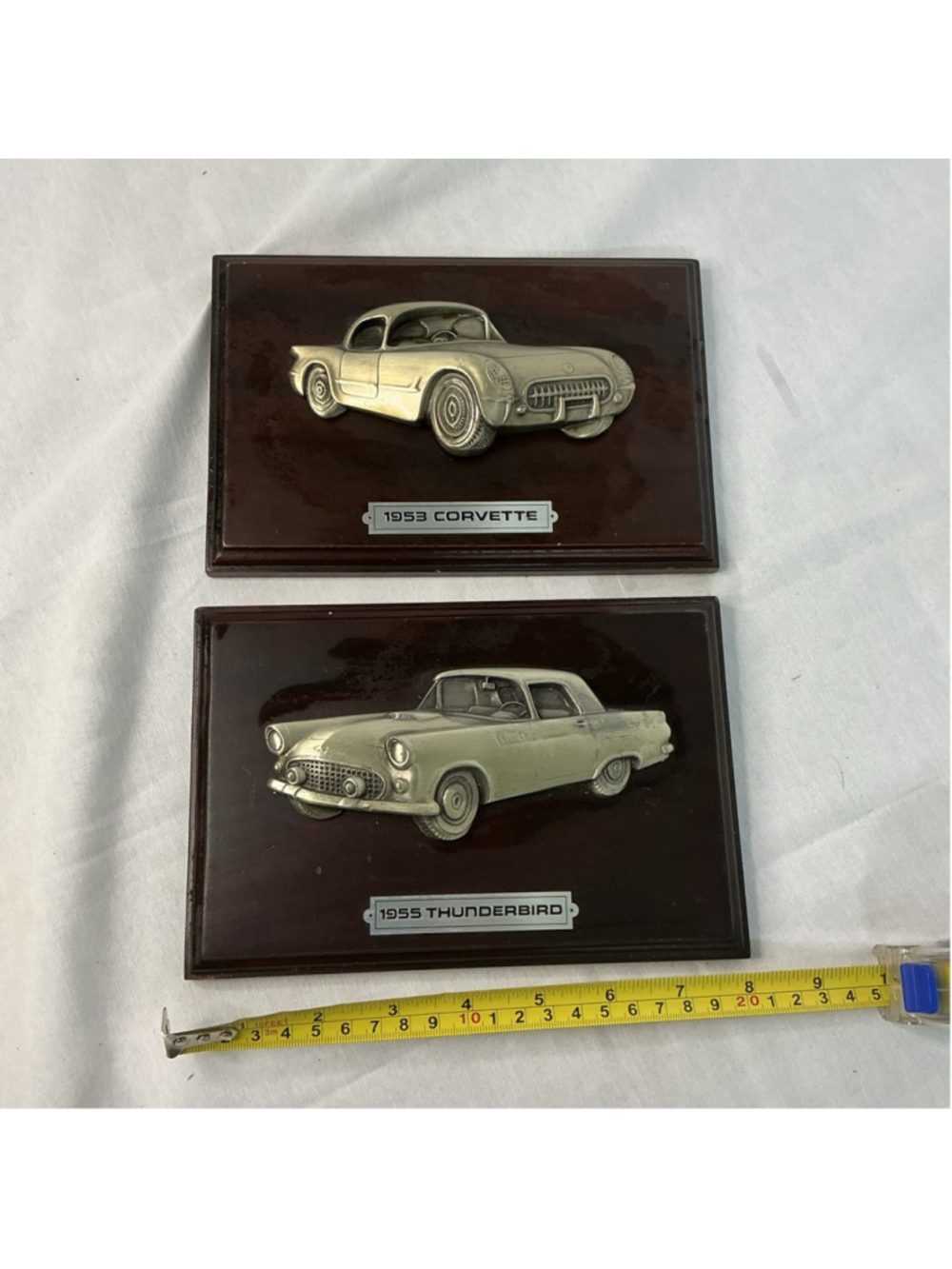 2 Gallery Originals 1953 Corvette + 1955 T-Bird Pewter Wall Plaques vintage